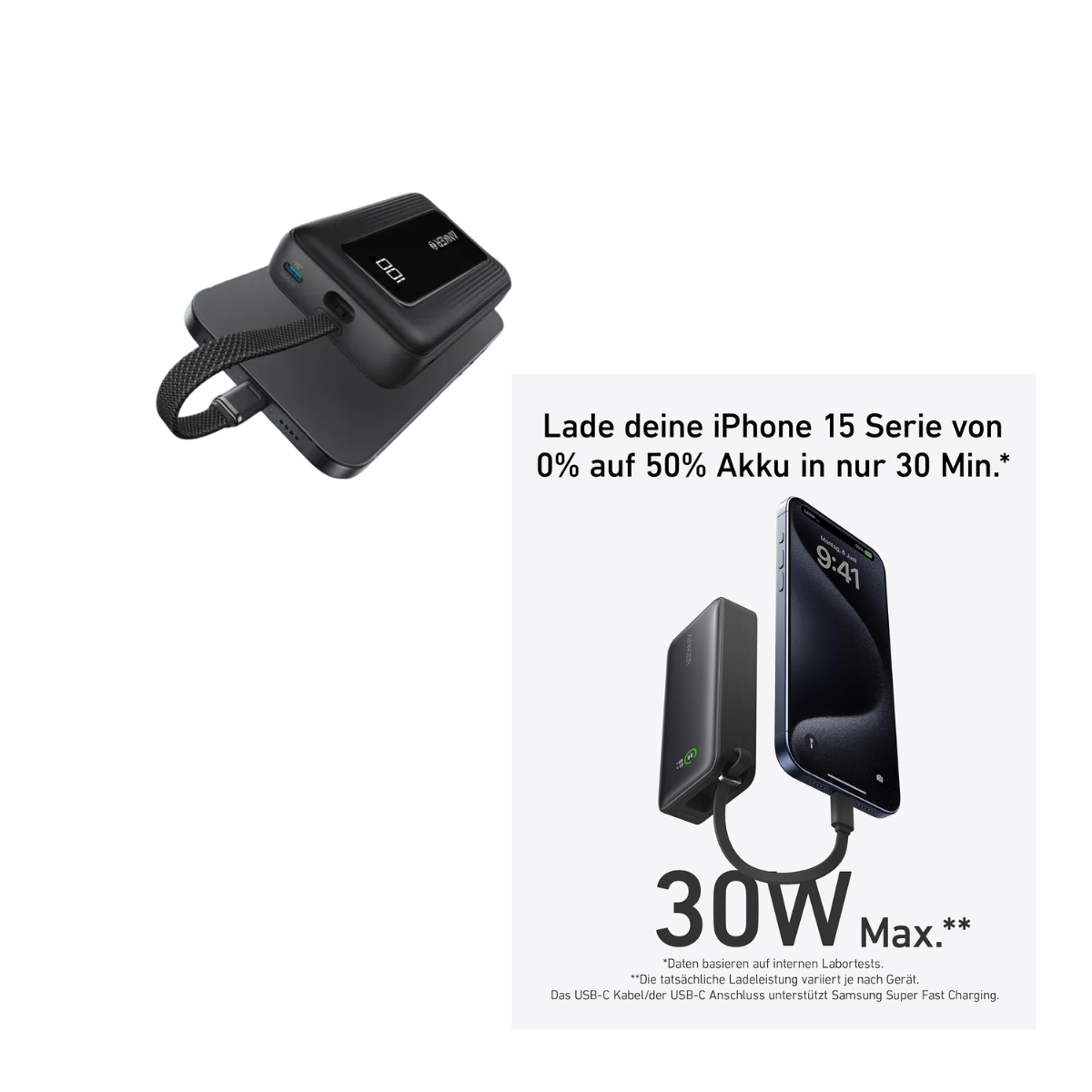 Power Bank Anker 10000mAh 30W con Cable USB-C Integrado y Carga Rápida - Negro