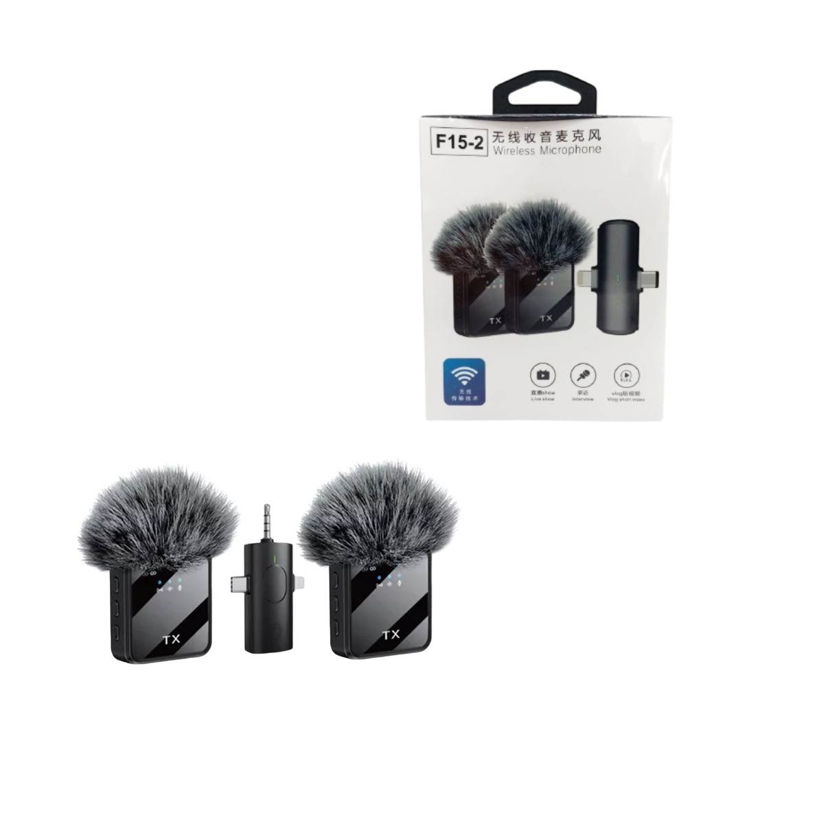 Micrófono TX Peludo 2 en 1 F15 con Conexión USB-C y Lightning