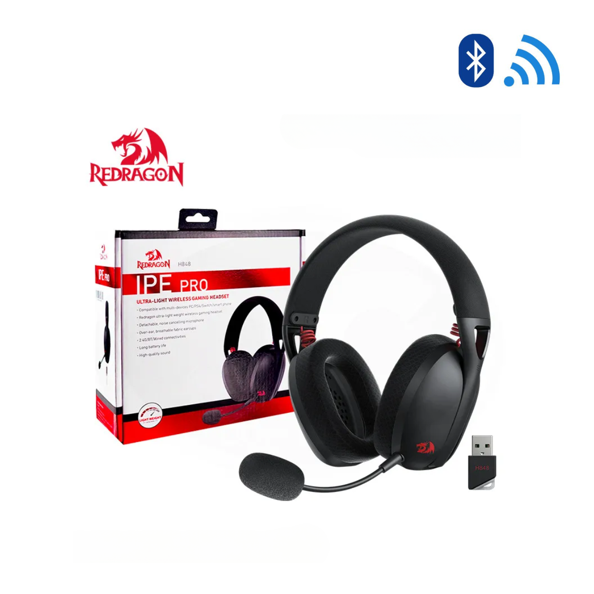 Diadema Gamer Redragon Ire Pro H848 Inalámbrica con Conexión Dual 2.4GHz + Bluetooth, Sonido Envolvente y Micrófono Incorporado