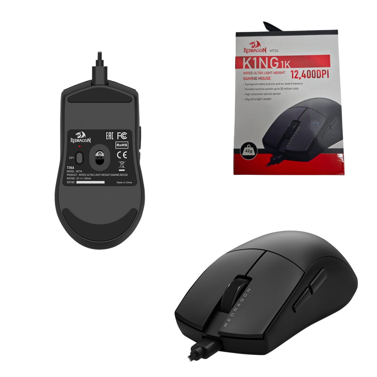 Mouse Gamer Redragon King M724 USB con Iluminación RGB y Sensor de 12.400 DPI Ajustables