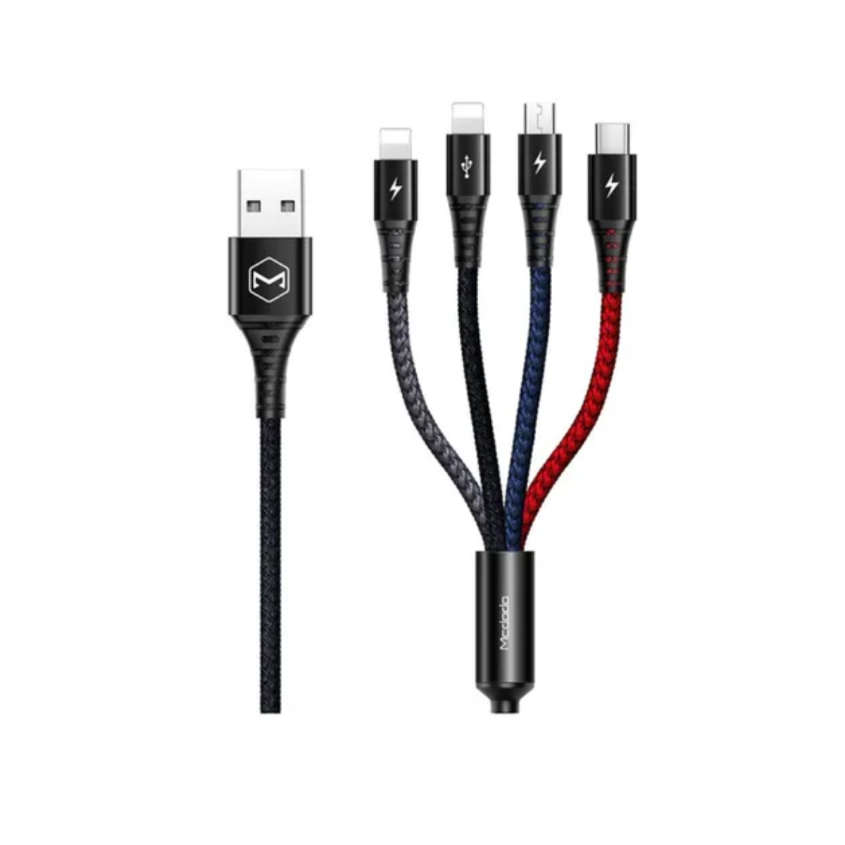  Cable celular 4 en 1 con adaptadores Lightning, USB-C, micro USB y mini USB