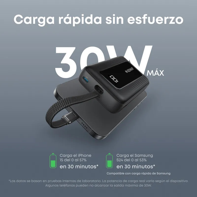 Power Bank Anker 10000mAh 30W con Cable USB-C Integrado y Carga Rápida - Negro