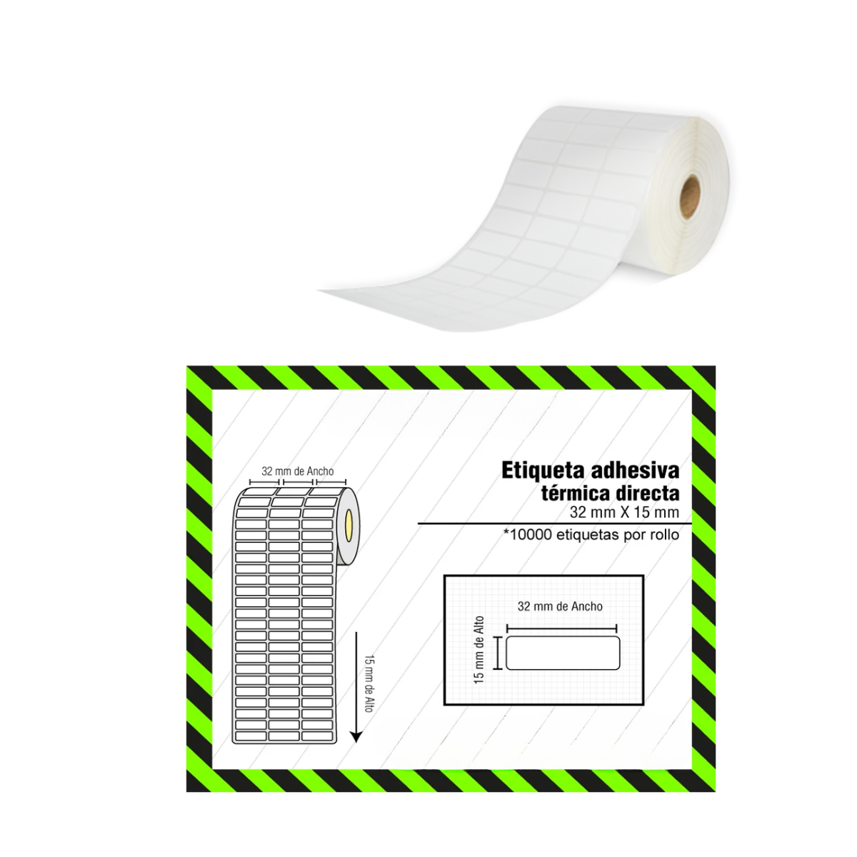 Rollo de Etiquetas Adhesivas 32x15 mm – 10,000 Unidades