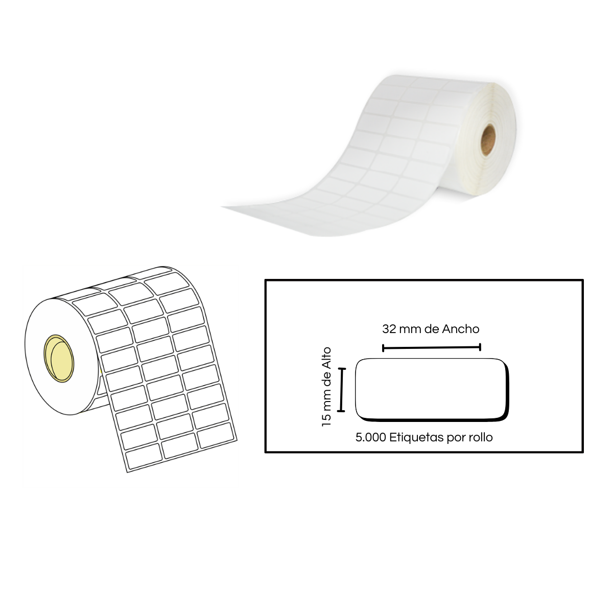 Rollo de Etiquetas Adhesivas 32x15 mm – 5,000 Unidades