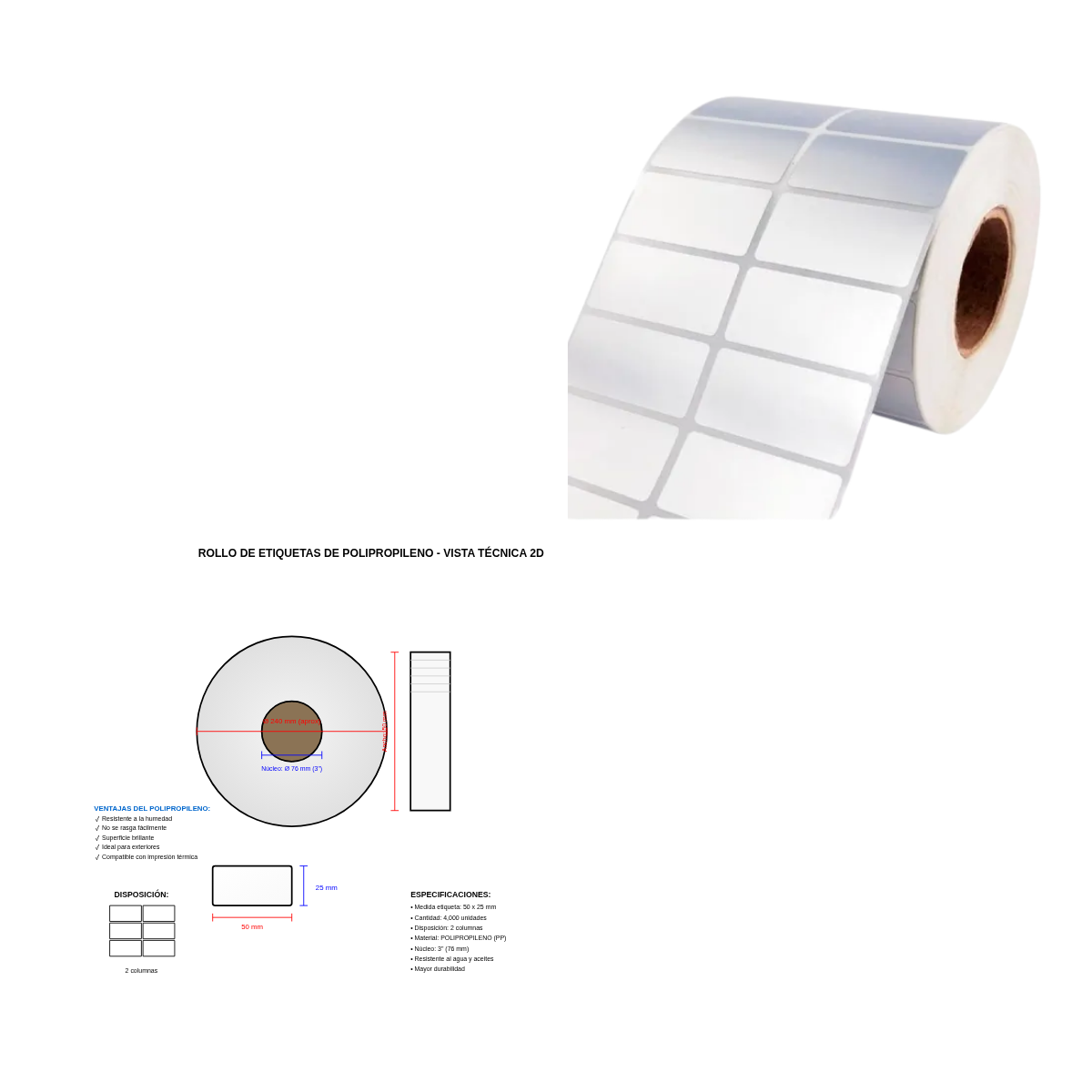 Rollo de Etiquetas Adhesivas de Polipropileno 50x25 mm – 4,000 Unidades