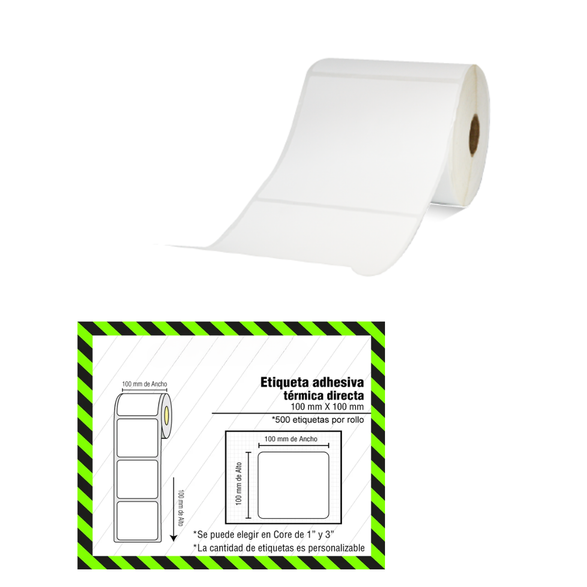 Rollo de Etiquetas Adhesivas Transferencia Térmica 100x100 mm – 500 Unidades